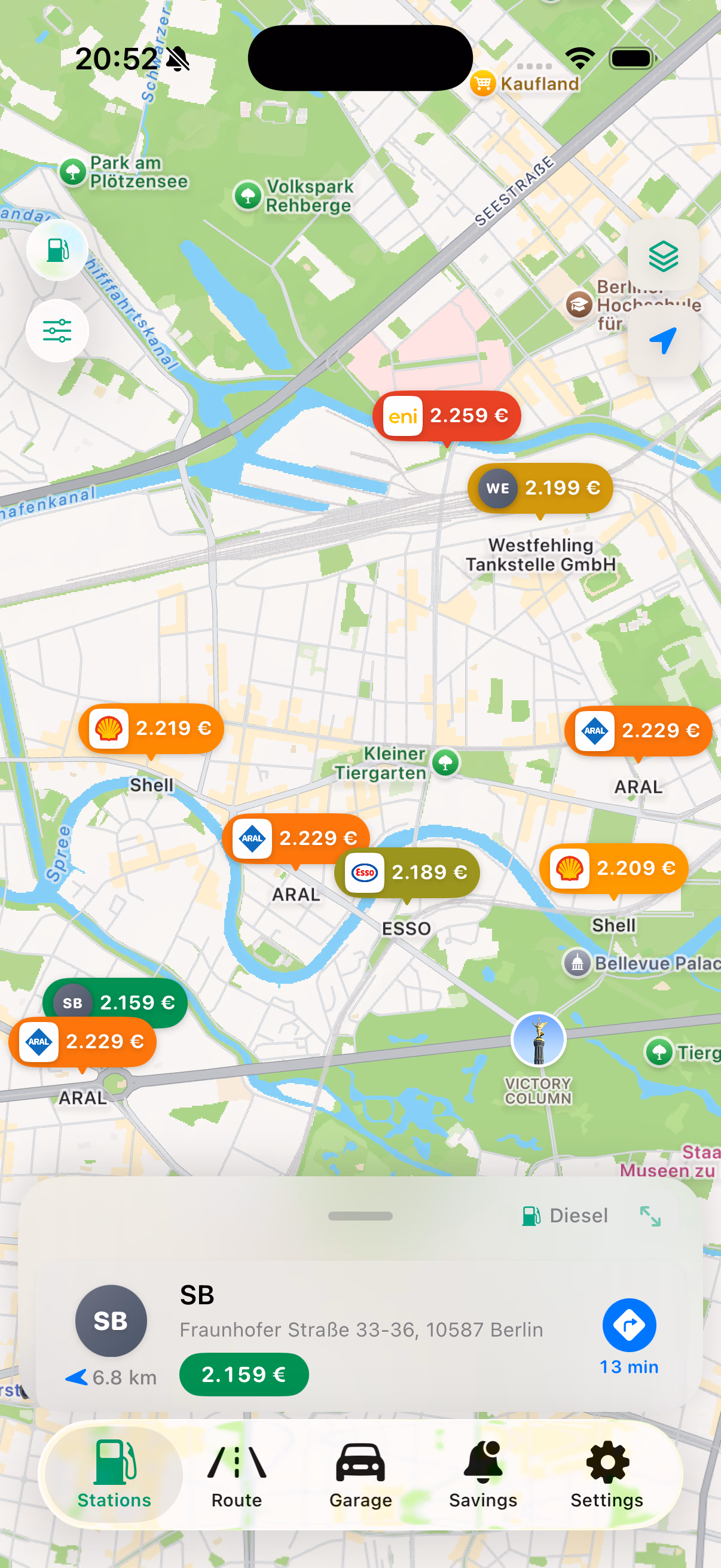 Map with color-coded real-time prices
