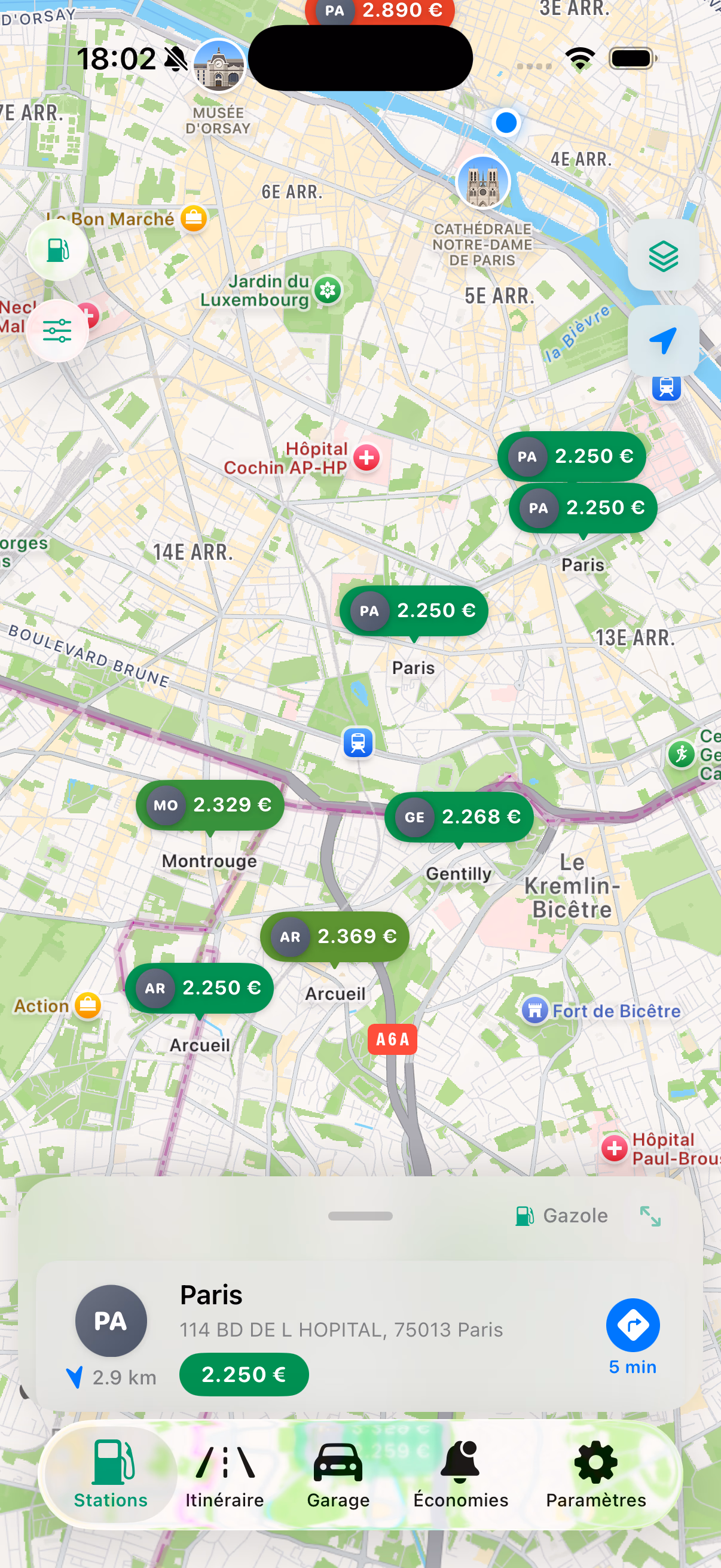 Carte avec prix en temps réel codés par couleur