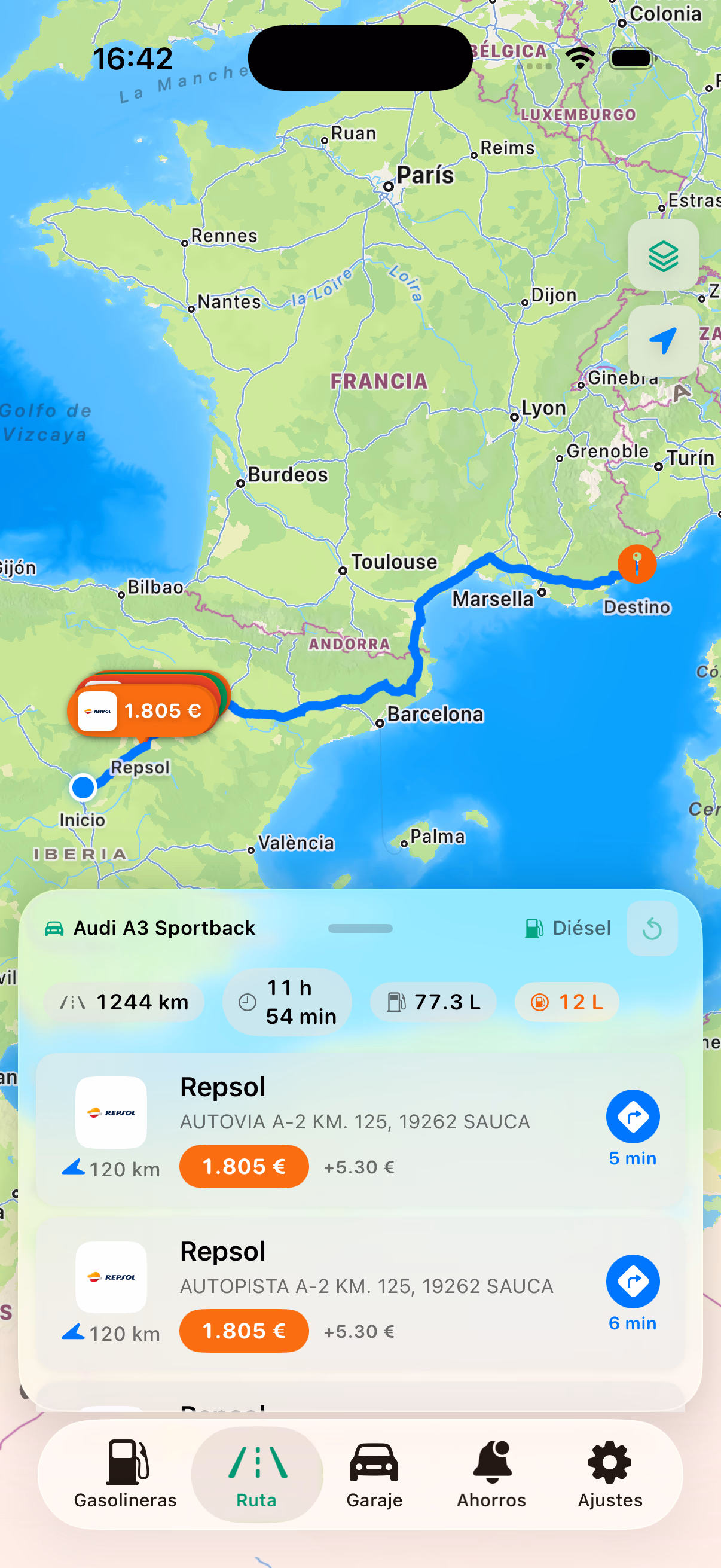 Ruta — gasolinera más barata en el camino