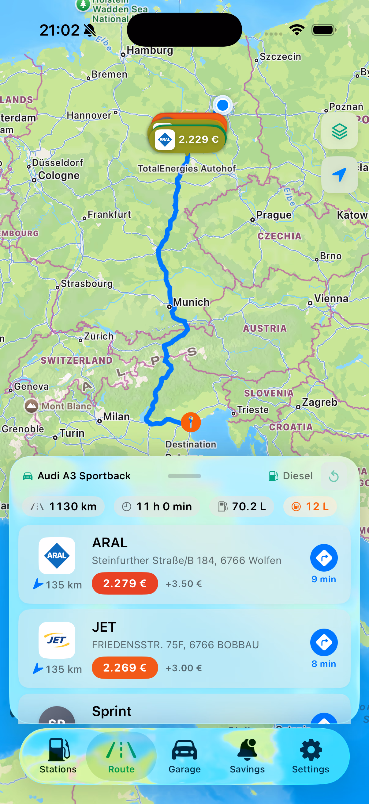 Route — cheapest station on the way