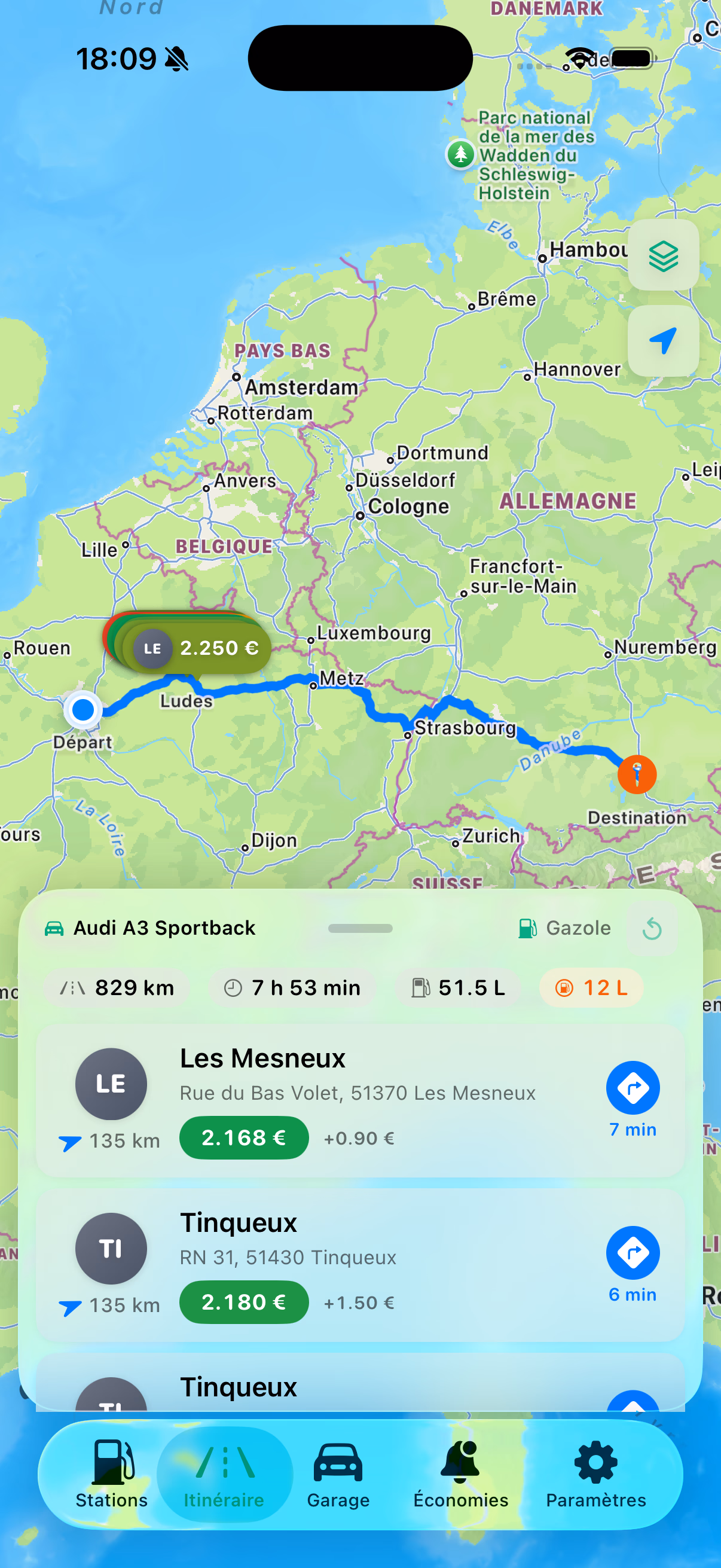 Trajet — station la moins chère sur la route