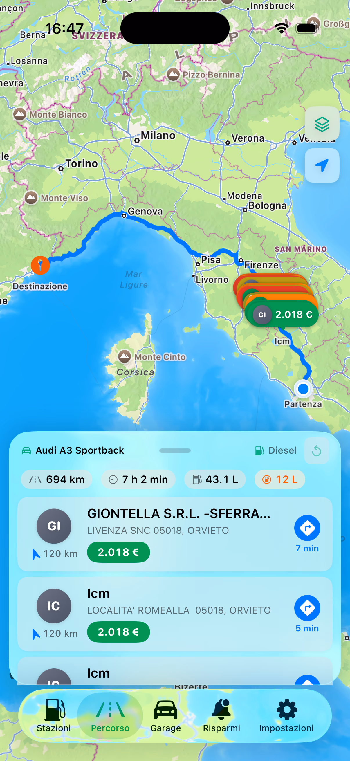 Percorso — distributore più conveniente in tragitto