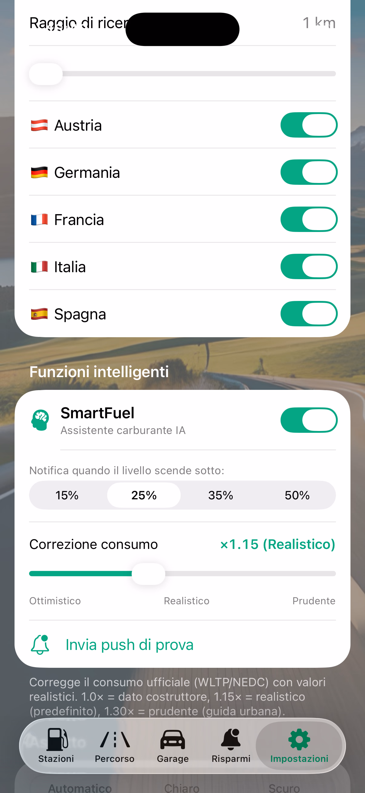 Impostazioni — lingua, carburante, privacy