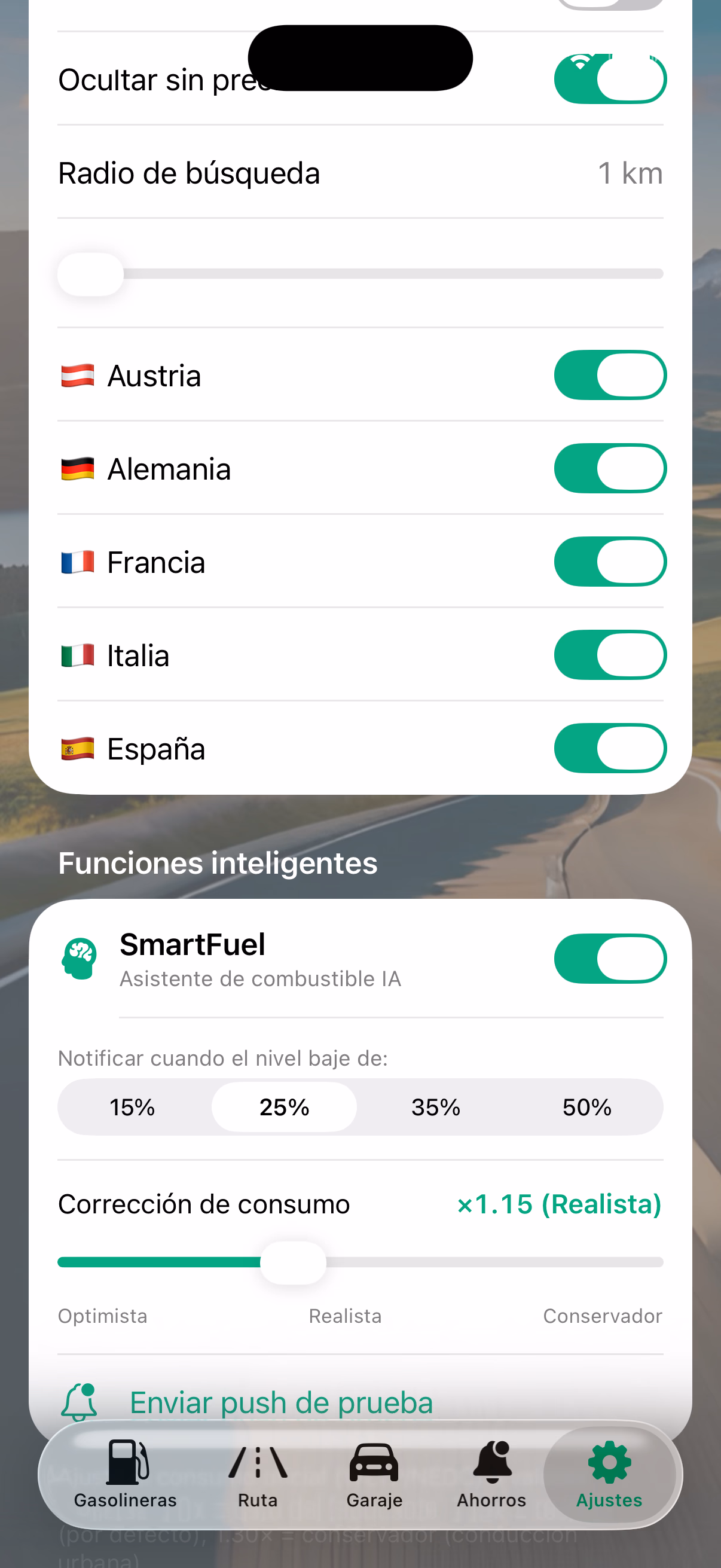 Ajustes — idioma, combustible, privacidad
